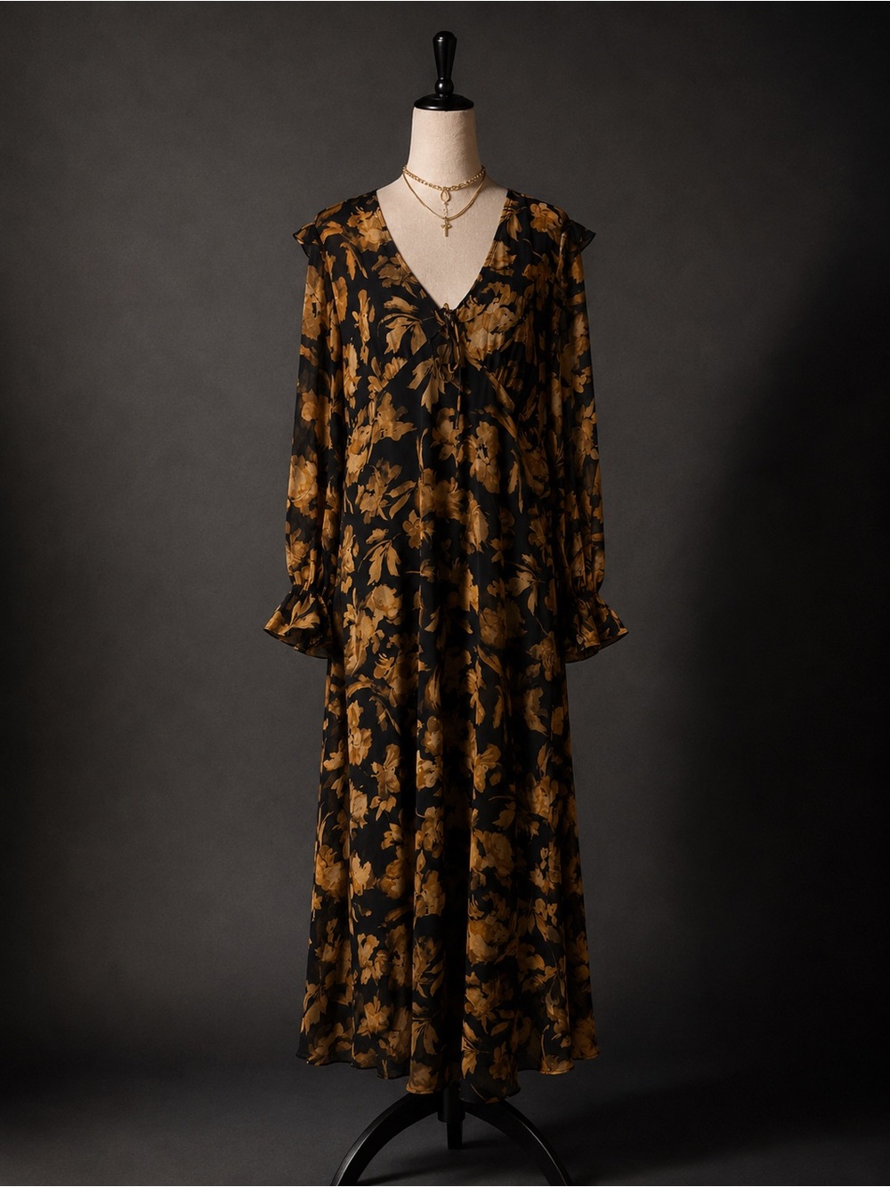 Anthropologie Black and Mustard Floral Maxi Dress - Picture 2 of 4